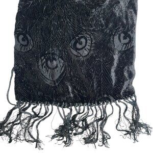 Black devore burn out VELVET fringe trim PEACCOK FEATHERS print scarf sh…
